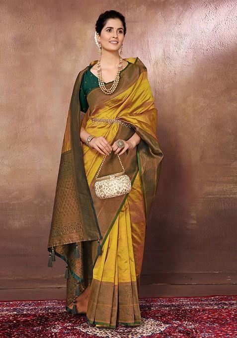 Golden Ethnic Motifs Woven Zari Banarasi Saree Set
