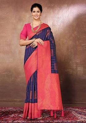 Navy Blue Ethnic Motifs Woven Zari Banarasi Saree Set