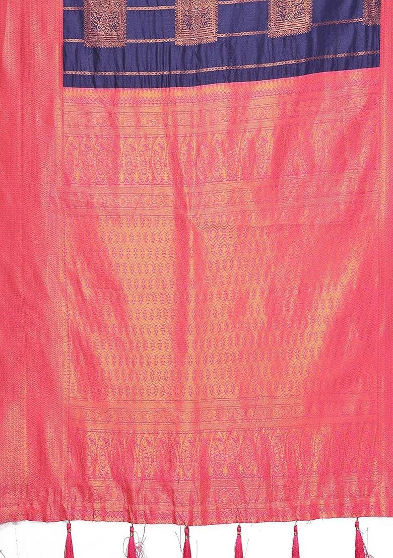 Navy Blue Ethnic Motifs Woven Zari Banarasi Saree Set - Indya