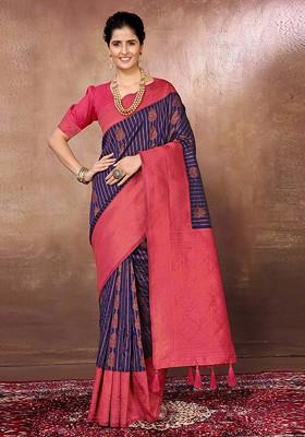Navy Blue Ethnic Motifs Woven Zari Banarasi Saree Set
