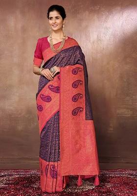 Navy Blue Ethnic Motifs Woven Zari Banarasi Saree Set