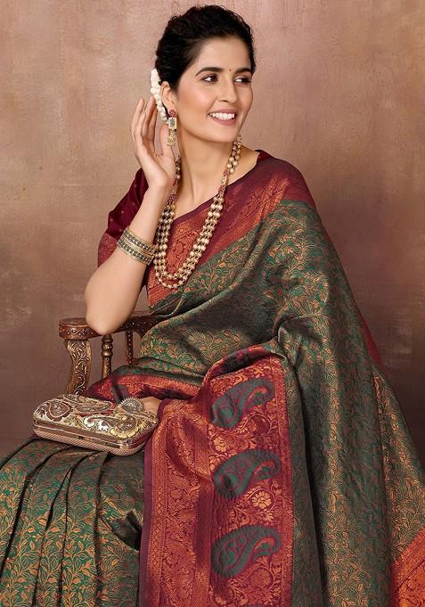 Green Ethnic Motifs Woven Zari Banarasi Saree Set