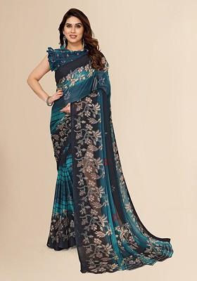 Green Floral Print Poly Chiffon Saree Set