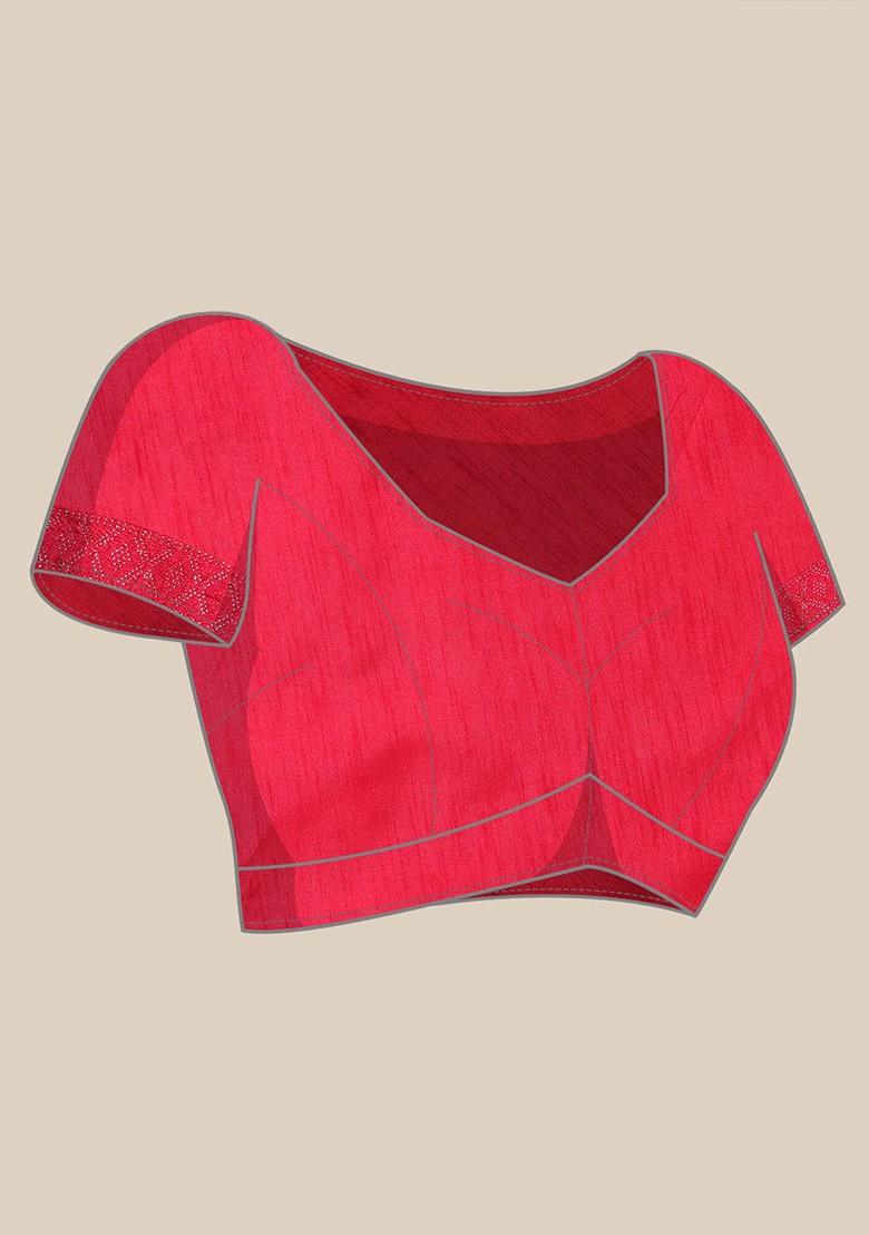 Red Ethnic Motifs Printed Bead Embellished Lycra Saree Set