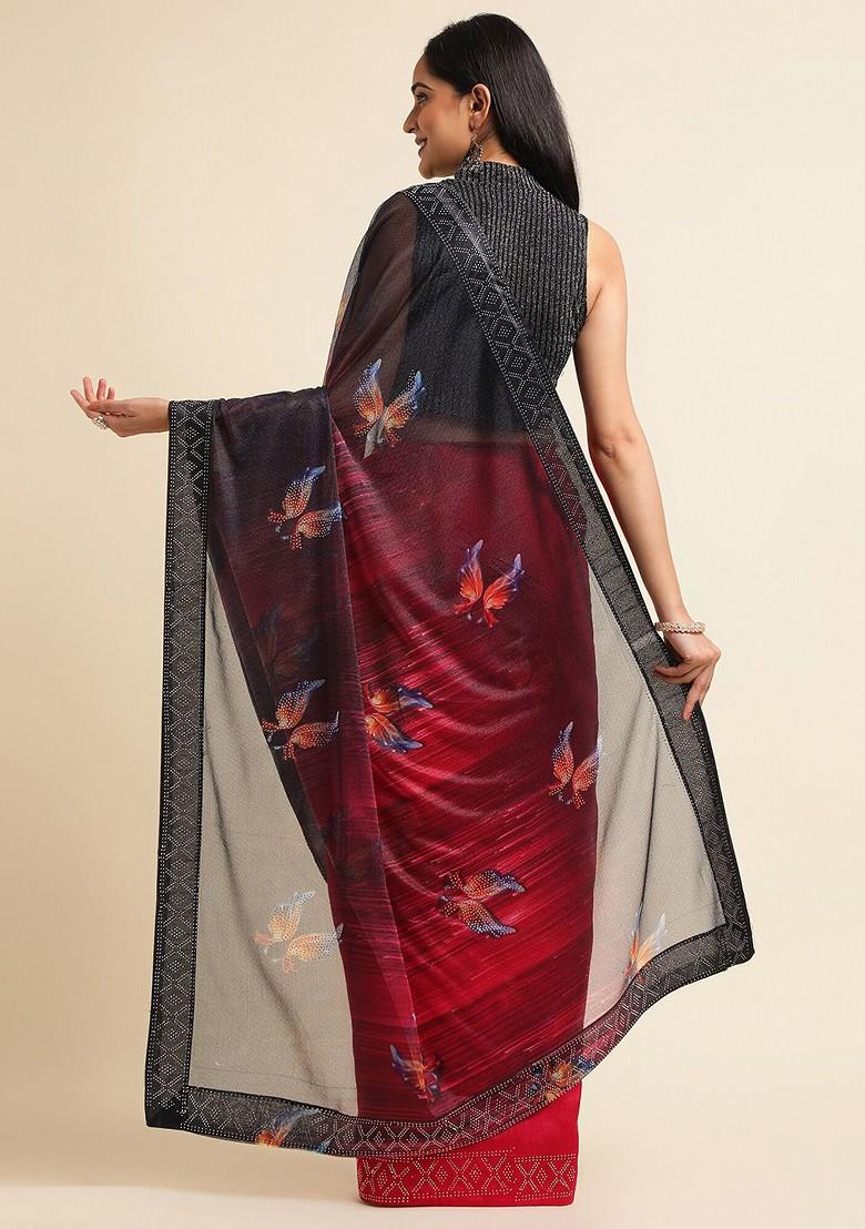 Red Ethnic Motifs Printed Bead Embellished Lycra Saree Set