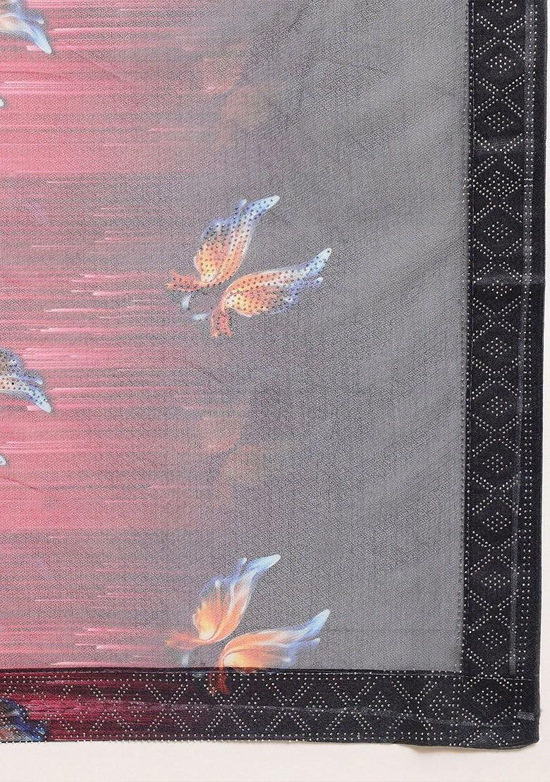 Red Ethnic Motifs Printed Bead Embellished Lycra Saree Set