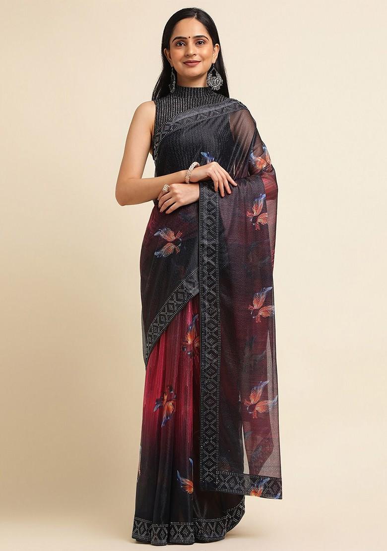 Red Ethnic Motifs Printed Bead Embellished Lycra Saree Set