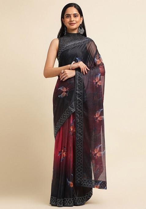 Red Ethnic Motifs Printed Bead Embellished Lycra Saree Set