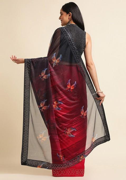 Red Ethnic Motifs Printed Bead Embellished Lycra Saree Set