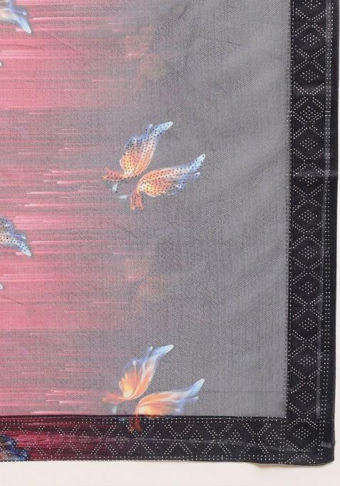 Red Ethnic Motifs Printed Bead Embellished Lycra Saree Set