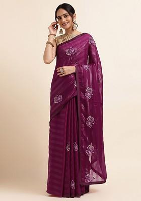 Magenta Embellished Embroidered Poly Chiffon Saree Set