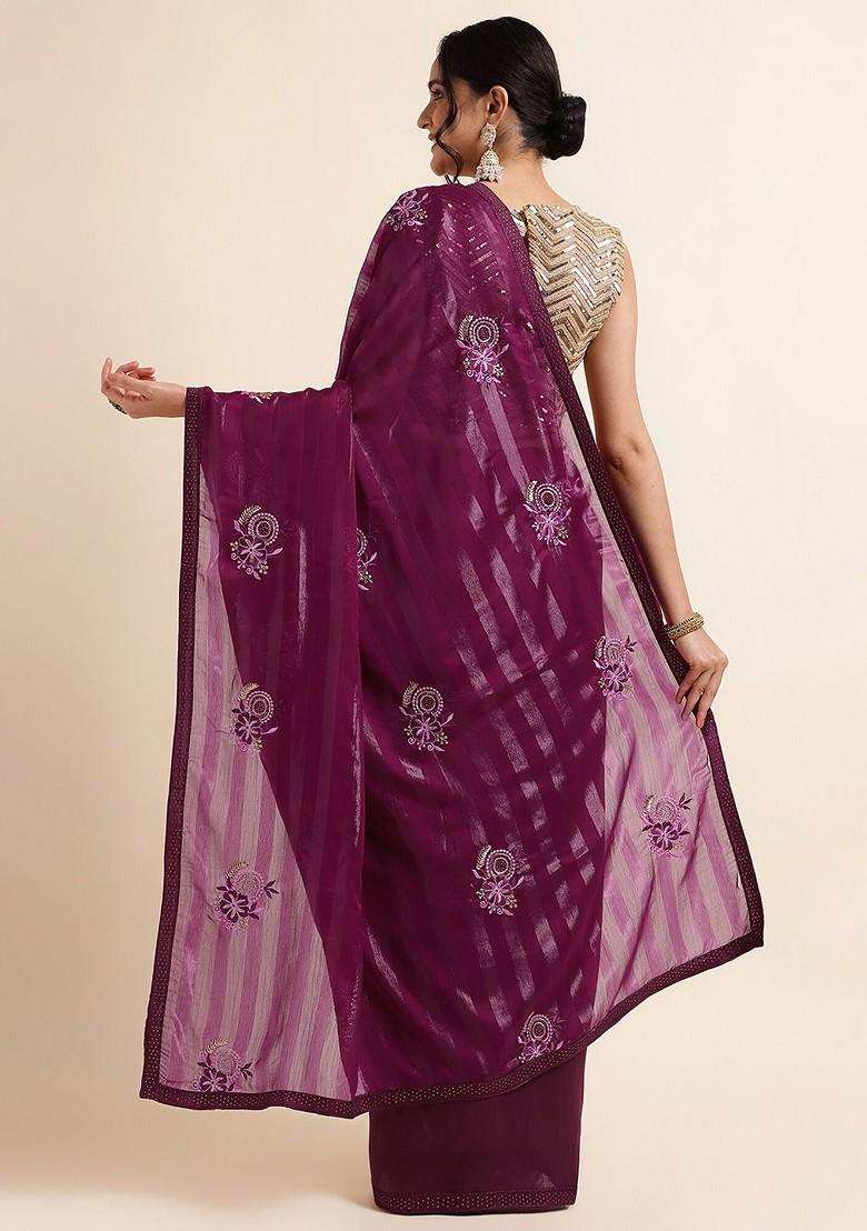 Magenta Embellished Embroidered Poly Chiffon Saree Set