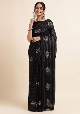 Black Embroidered Poly Chiffon Saree Set
