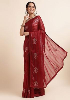 Maroon Embellished Poly Chiffon Saree Set