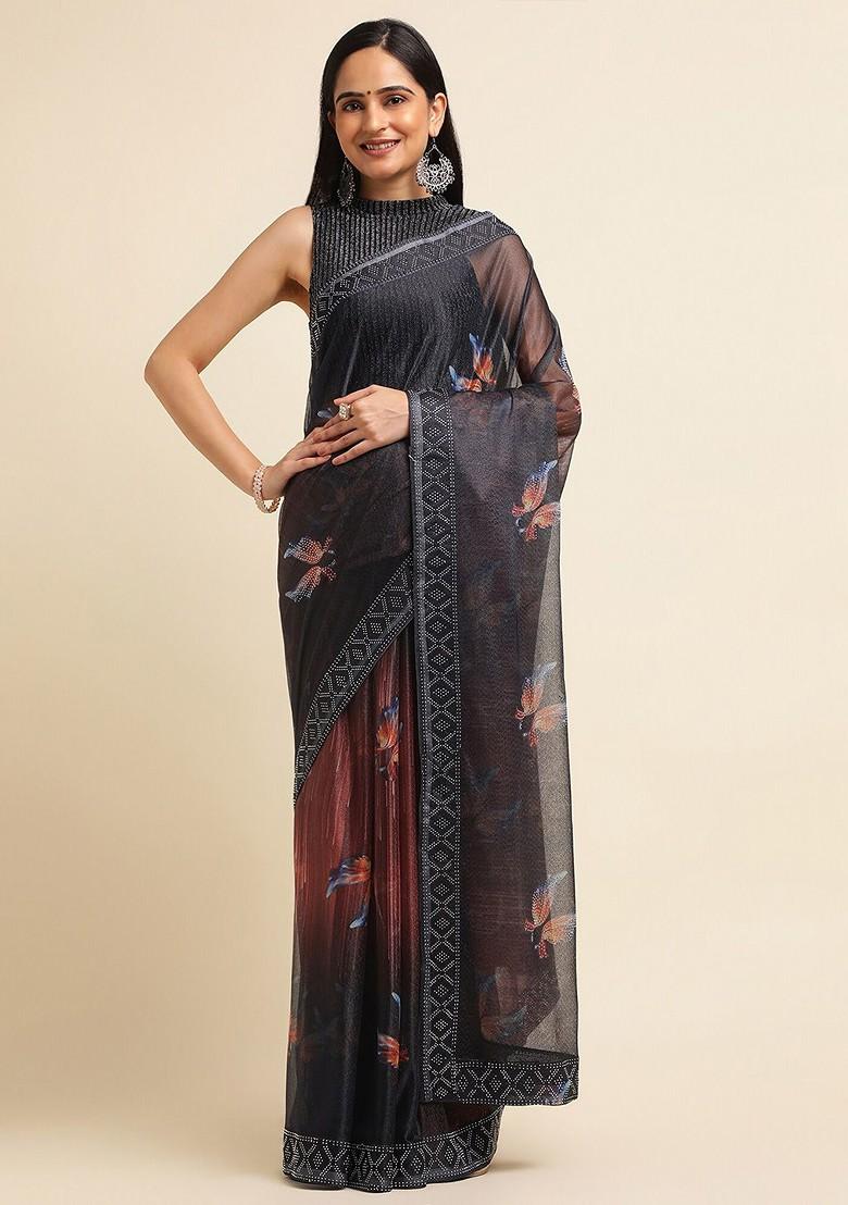 Black Embellished Embroidered Lycra Saree Set