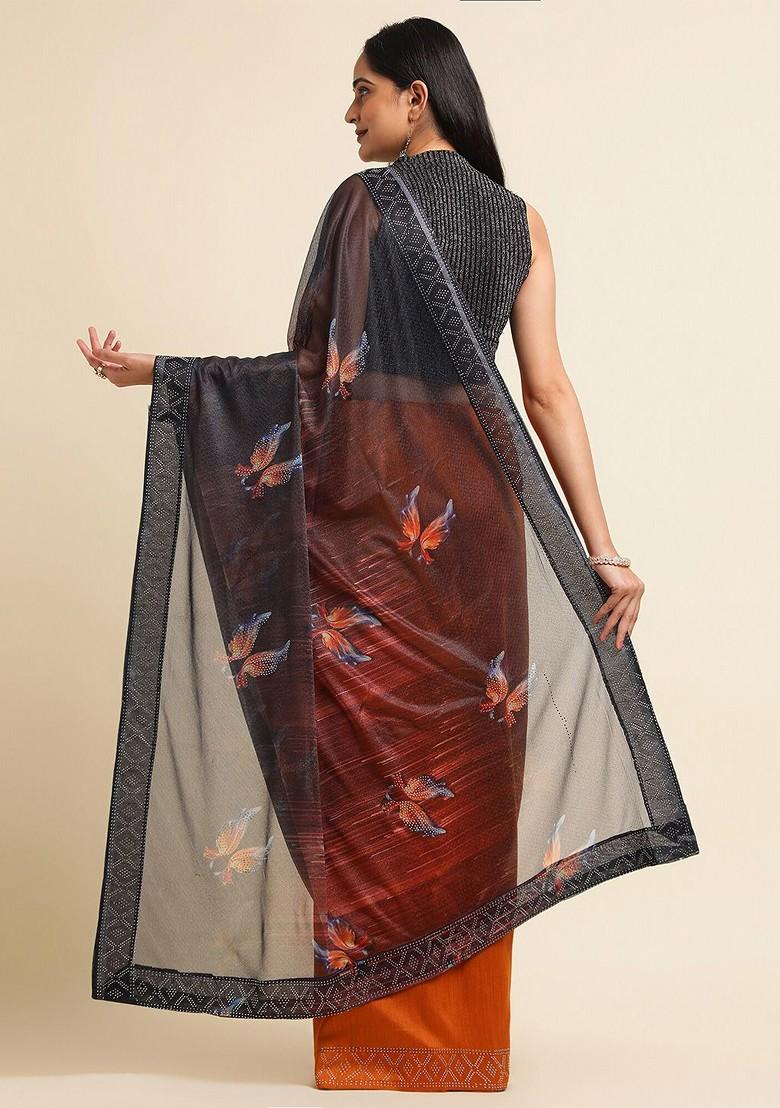 Black Embellished Embroidered Lycra Saree Set