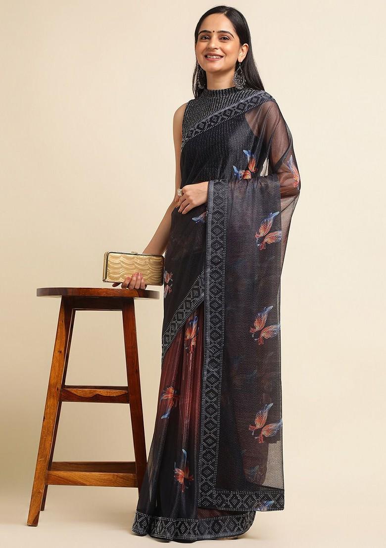 Black Embellished Embroidered Lycra Saree Set