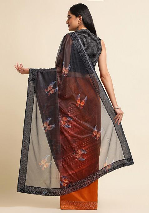 Black Embellished Embroidered Lycra Saree Set