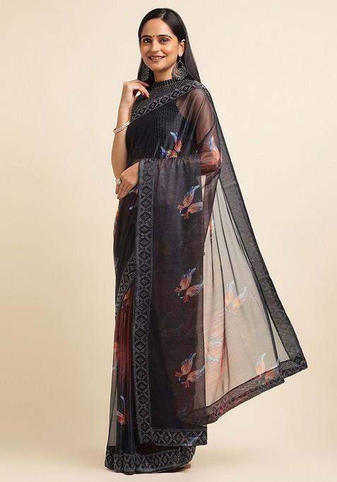 Black Embellished Embroidered Lycra Saree Set