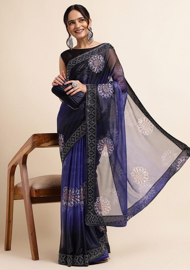 Turquoise Blue Ethnic Motifs Embellished Lycra Saree Set