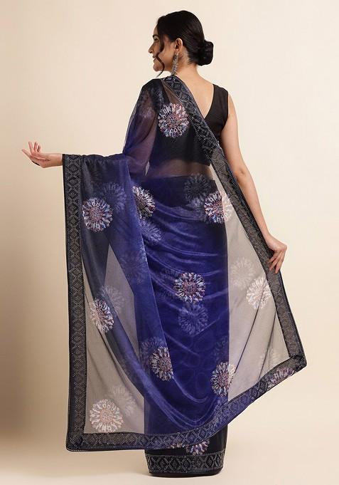 Turquoise Blue Ethnic Motifs Embellished Lycra Saree Set