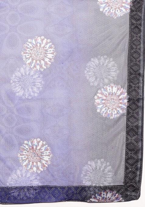 Turquoise Blue Ethnic Motifs Embellished Lycra Saree Set