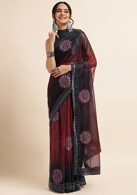 Maroon Embroidered Lycra Saree Set