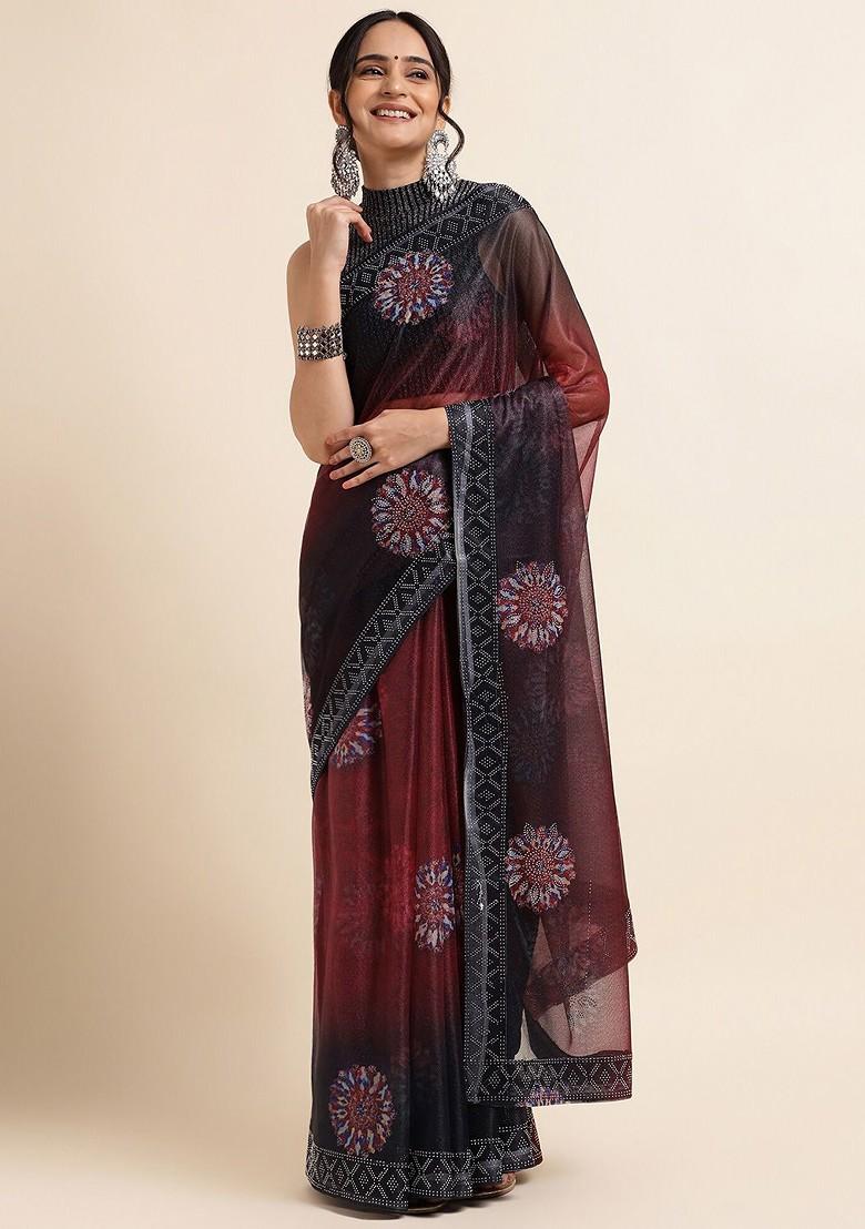 Maroon Embroidered Lycra Saree Set