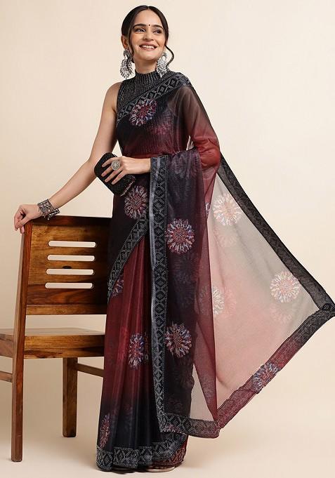 Maroon Embroidered Lycra Saree Set