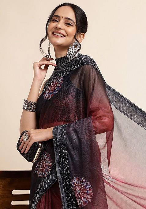 Maroon Embroidered Lycra Saree Set