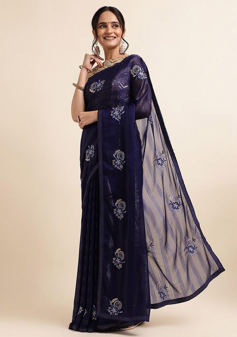 Navy Blue Embellished Saree Set - Indya