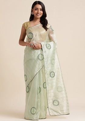 Sea Green Striped Print Woven Embroidered Organza Saree Set