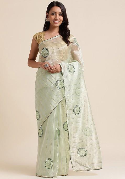 Sea Green Striped Print Woven Embroidered Organza Saree Set