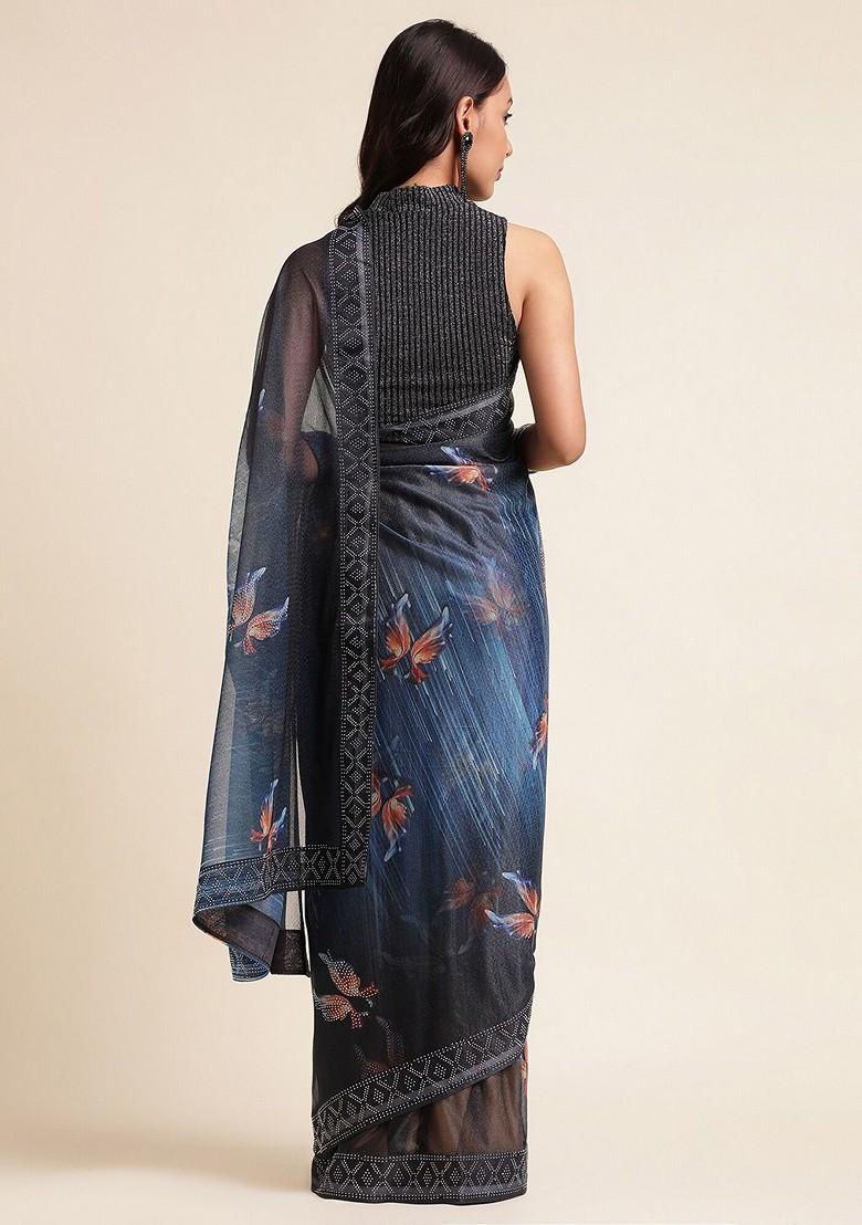 Blue Lycra Satin Embellished Embroidered Saree Set