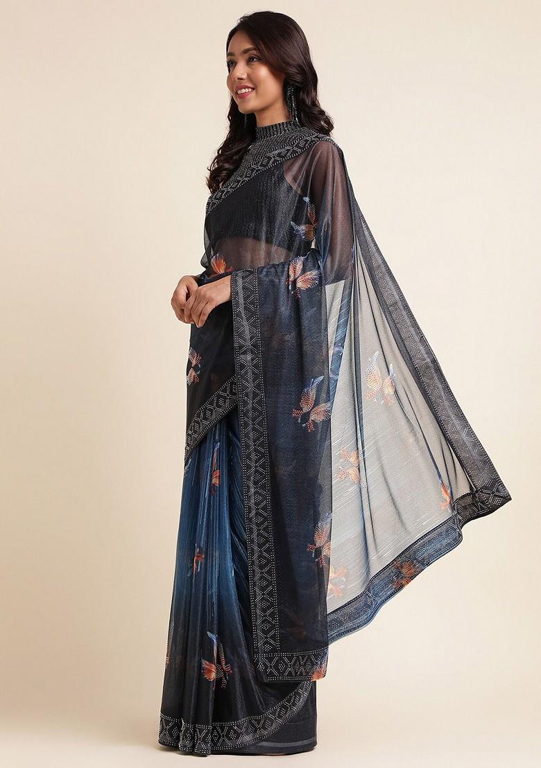 Blue Lycra Satin Embellished Embroidered Saree Set