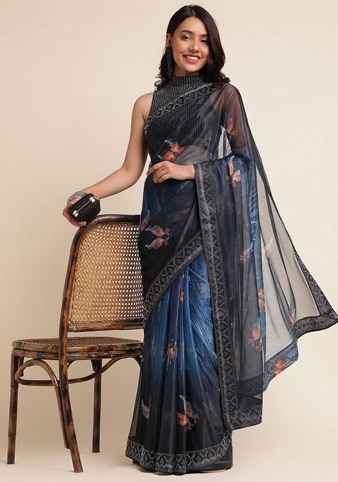 Blue Lycra Satin Embellished Embroidered Saree Set