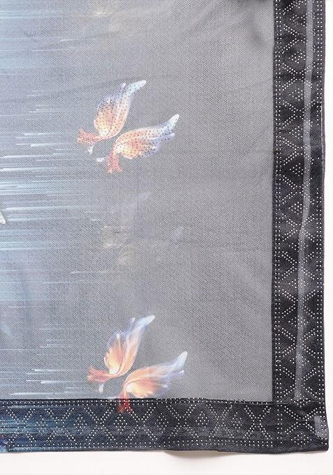 Blue Lycra Satin Embellished Embroidered Saree Set