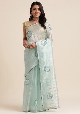 Sea Green Sea Green Embellished Organza Saree Set