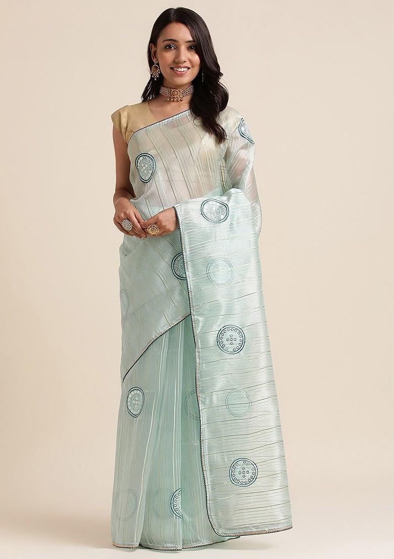 Sea Green Sea Green Embellished Organza Saree Set