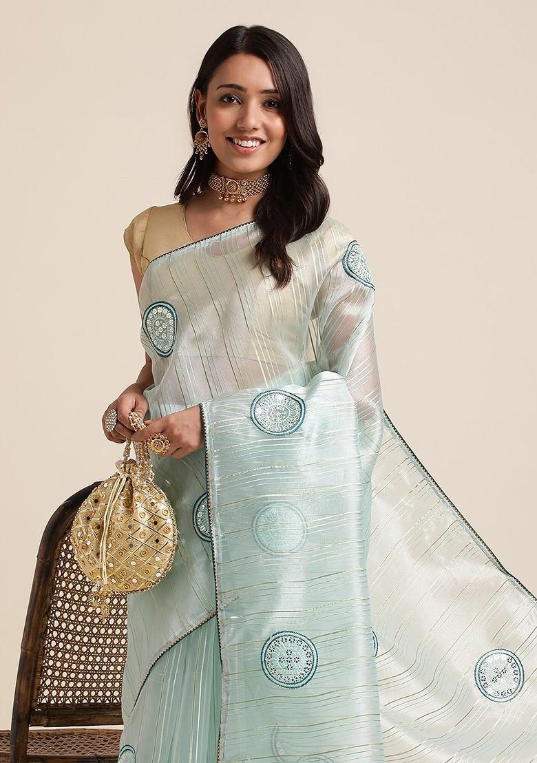 Sea Green Sea Green Embellished Organza Saree Set