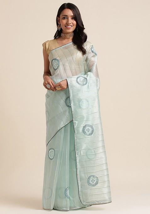 Sea Green Sea Green Embellished Organza Saree Set