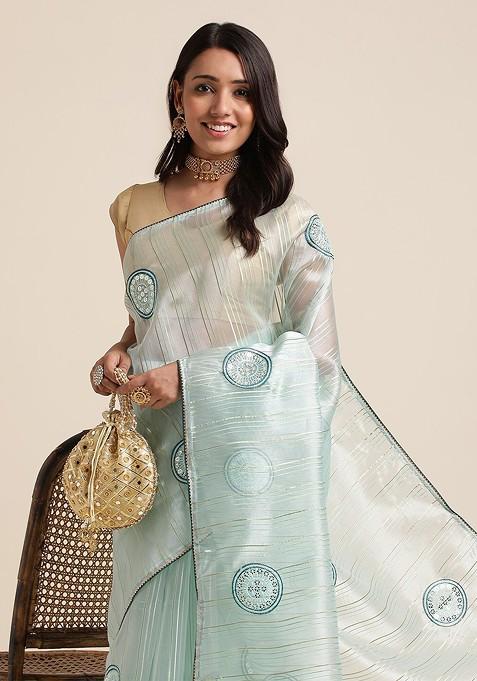 Sea Green Sea Green Embellished Organza Saree Set