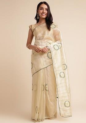 Beige Embellished Embroidered Organza Saree Set