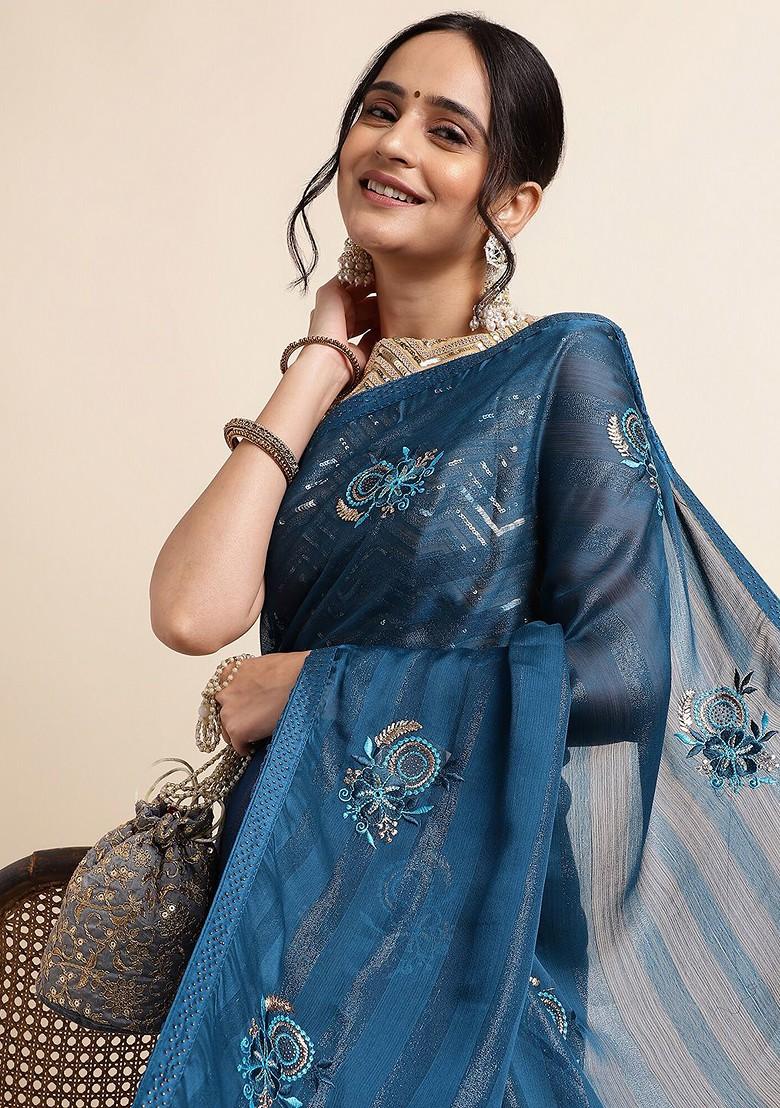 Blue Embellished Embroidered Poly Chiffon Saree Set