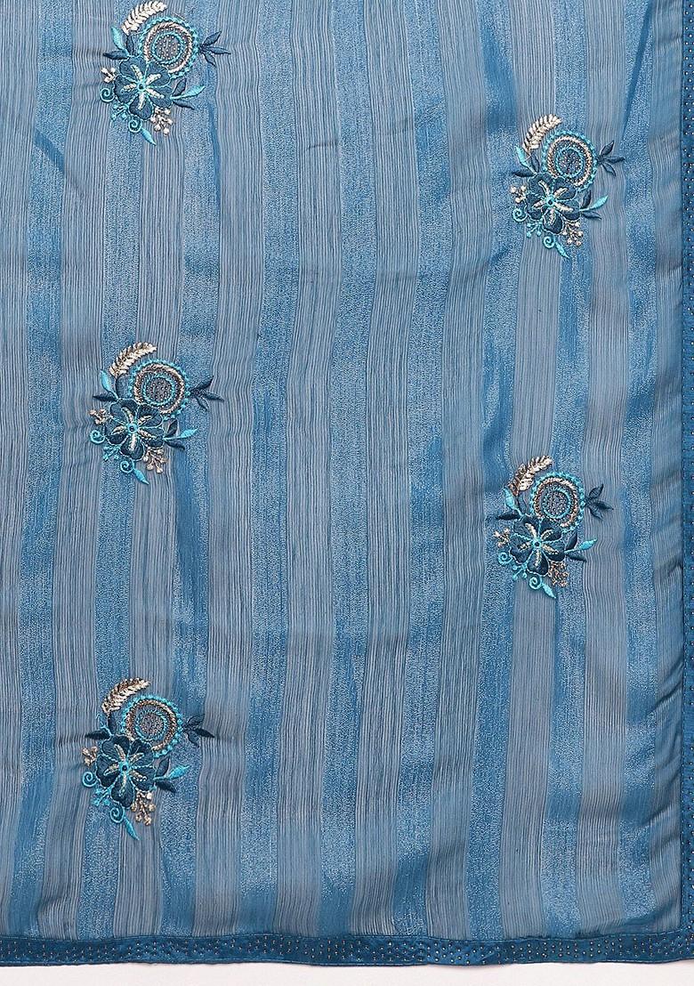 Blue Embellished Embroidered Poly Chiffon Saree Set