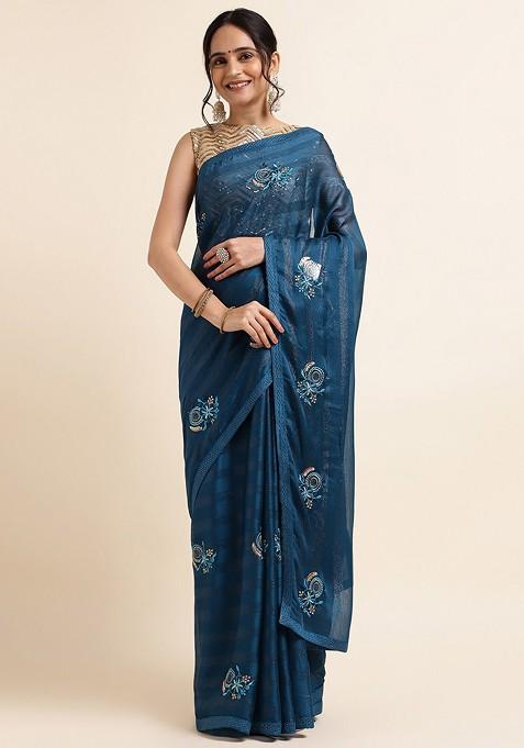 Blue Embellished Embroidered Poly Chiffon Saree Set