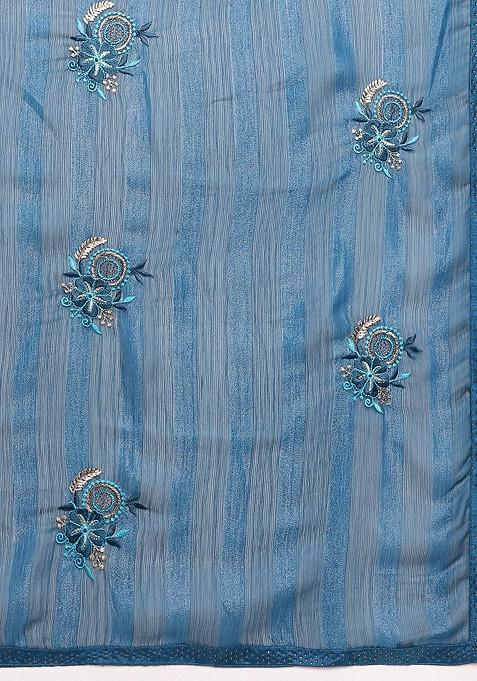 Blue Embellished Embroidered Poly Chiffon Saree Set