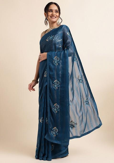 Blue Embellished Embroidered Poly Chiffon Saree Set