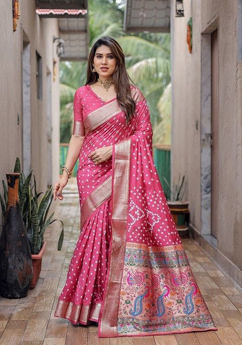 Peach Bandhani Print Pure Silk Saree Set