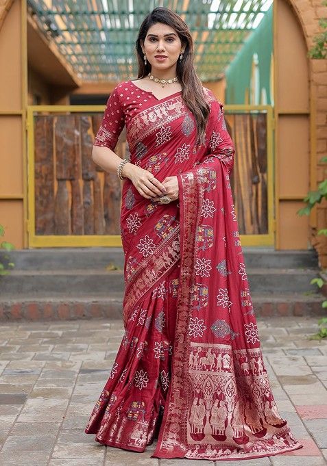 Red Bandhani Print Pure Silk Saree Set